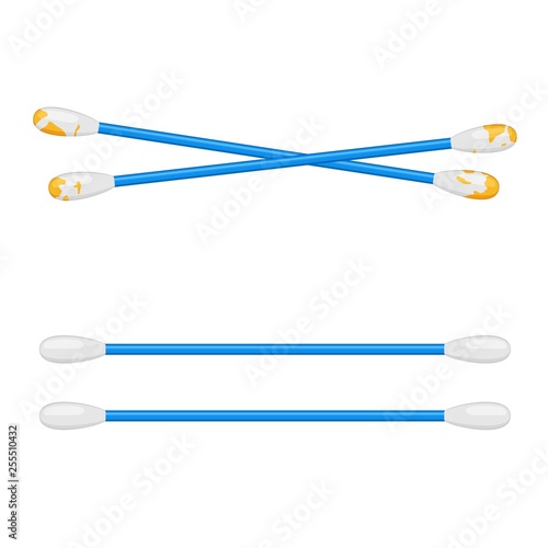Cotton swab clean and dirty isolated on white background. Care and hygiene. Ear and cosmetic buds. Wooden ear stick. Bath and makeup symbols. Vector illustration