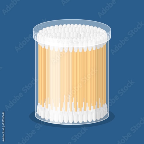 Cotton swab in container isolated on blue background. Care and hygiene. Wooden ear stick and cosmetic bud. Bath and makeup symbols. Vector illustration