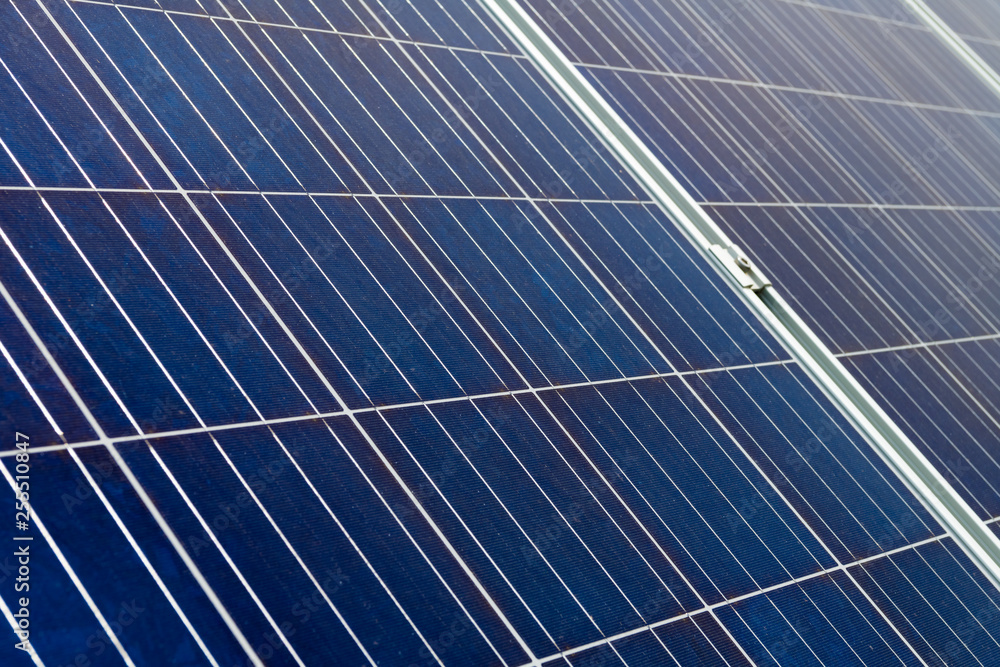 Closeup on solar cell photovoltaic panels at energy production plant Closeup on solar cell photovoltaic panels at energy production plant
