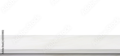 Empty marble table, isolated on white background, banner, table top, shelf, counter design for product display montage