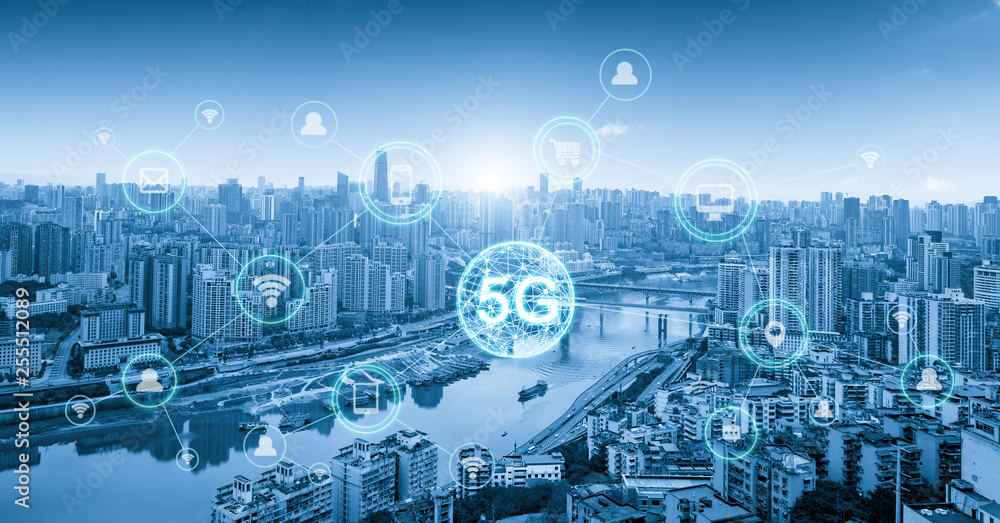 Wireless communication network concept.Panorama of Modern City