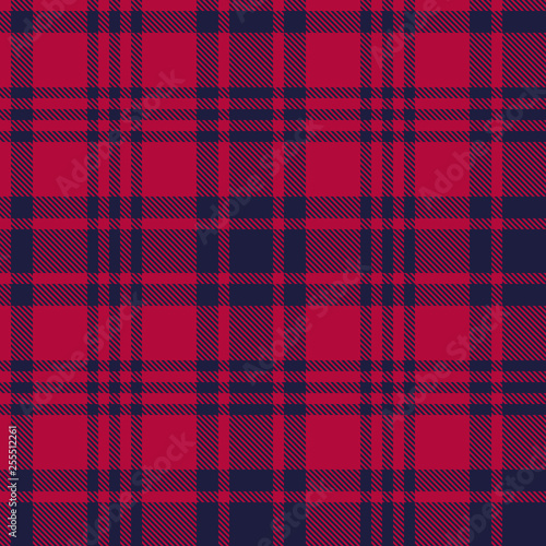 Seamless plaid pattern in dark blue and red stripes.