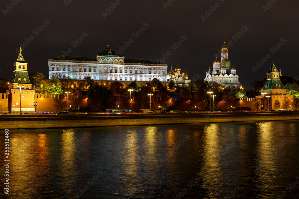 Night landscape of Moscow historical center. Architecture of Moscow Kremlin with illumination