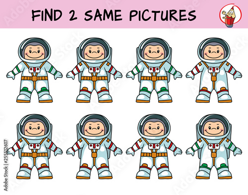 Astronaut. Find two same pictures. Educational game for children. Cartoon vector illustration