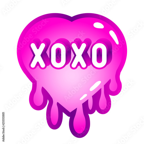 Pink gradient dripping heart with “Xoxo” text isolated on white background. Minimalistic design. Vector illustration. Love symbol. Cartoon, comic style patch.