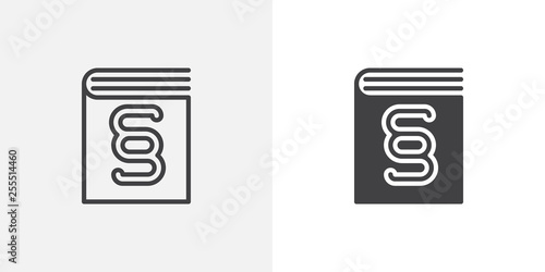 Law code book icon. line and glyph version, outline and filled vector sign. Law and Justice book linear and full pictogram. Symbol, logo illustration. Different style icons set