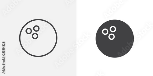 Bowling ball icon. line and glyph version, outline and filled vector sign. bowling ball with fingers holes linear and full pictogram. Symbol, logo illustration. Different style icons set