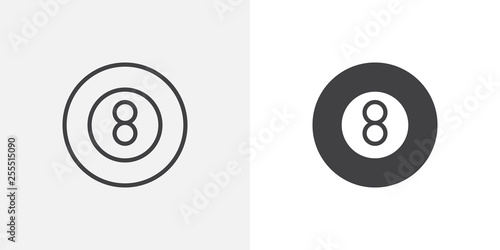 Pool ball icon. line and glyph version, outline and filled vector sign. Eight ball pool game linear and full pictogram. Billiard symbol, logo illustration. Different style icons set