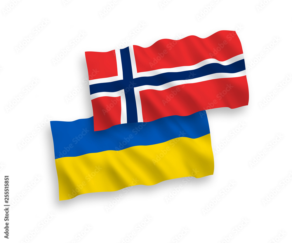 National vector fabric wave flags of Norway and Ukraine isolated on white background. 1 to 2 proportion. National vector fabric wave flags of Norway and Ukraine isolated on white background. 1 to 2 proportion.