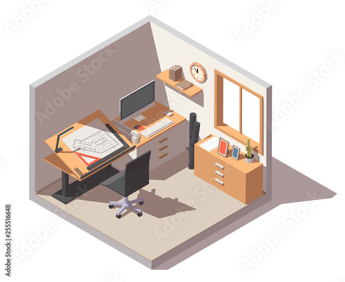 Vector isometric designer studio with adjustable desk, chair, drawers and other office equipment and furniture. Workshop or engineer office room icon. © Igor