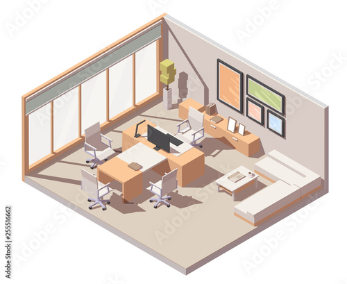 Vector isometric CEO office interior. Desk with desktop monitor, lamp and keyboard, chairs, sofa and other office equipment and furniture