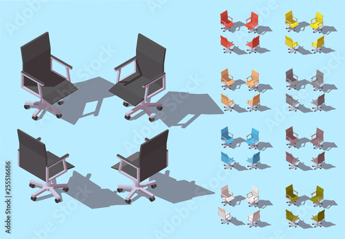 Vector isometric office chair set. Computer furniture seat. Four sides view. Differents colours. Isolated on blue background