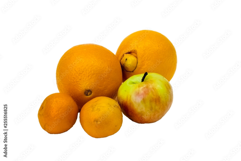 oranges , tangerines and apple on a white background oranges , tangerines and apple on a white background