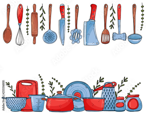 banner of elements with hand drawn kitchenware isolate on a white background