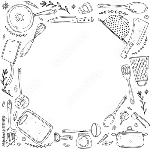 inversion circle made of elements with hand drawn kitchenware on isolate on a white background