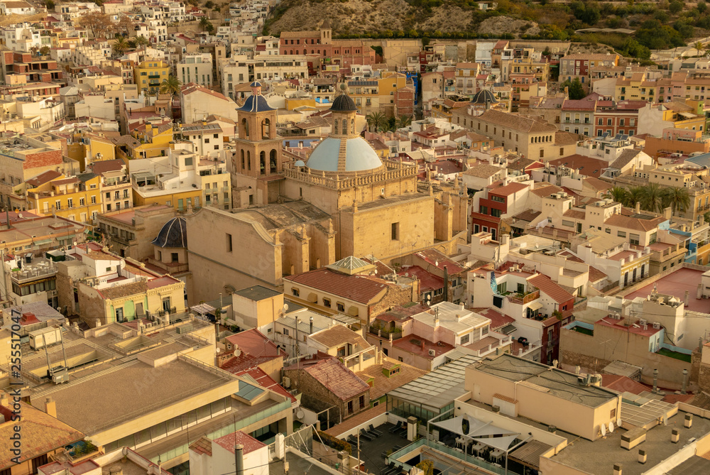 aerial view of the neighborhood of Santa Cruz and the co-cathedral of San Nicolas in Alicante