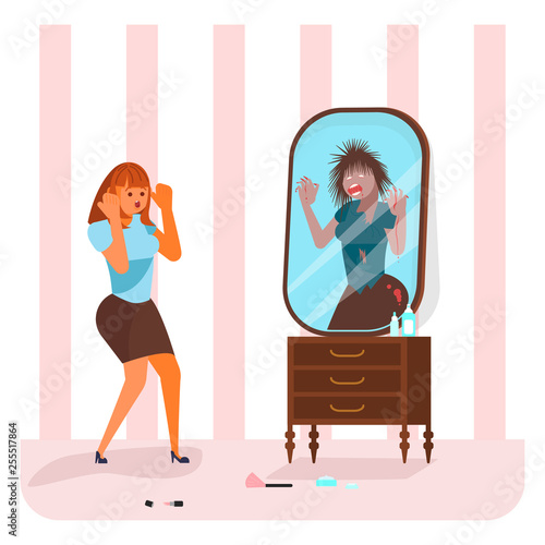 Young woman saw a monster in the mirror