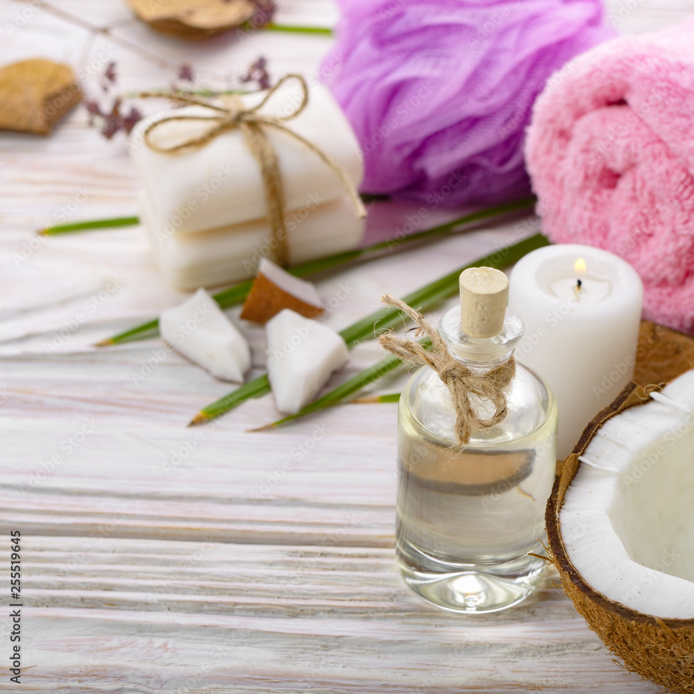 Body care Coconut oil soap and candle set on white table Body care Coconut oil soap and candle set on white table