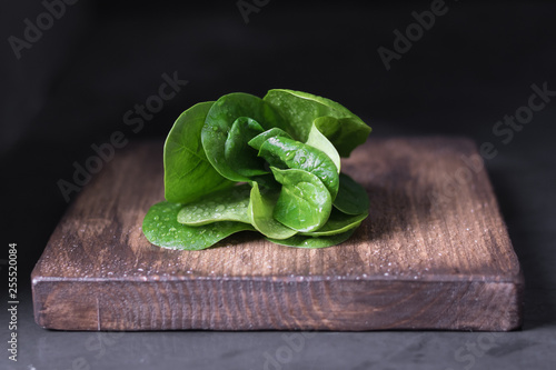 Fresh spinach on a wooden board, dark photo