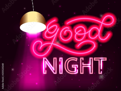 Street light with ray of light. Good night lettering. Vector illustration.
