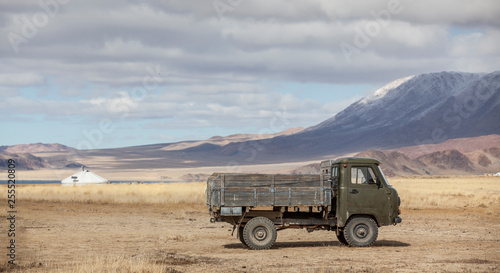 old car in a landscape of Westerna Mongolia