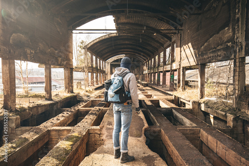 guy exloring an old factory in ruin, Urban exploration urbex 