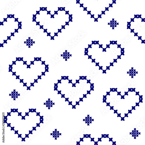 Seamless pattern hearts dark blue, cross stitch