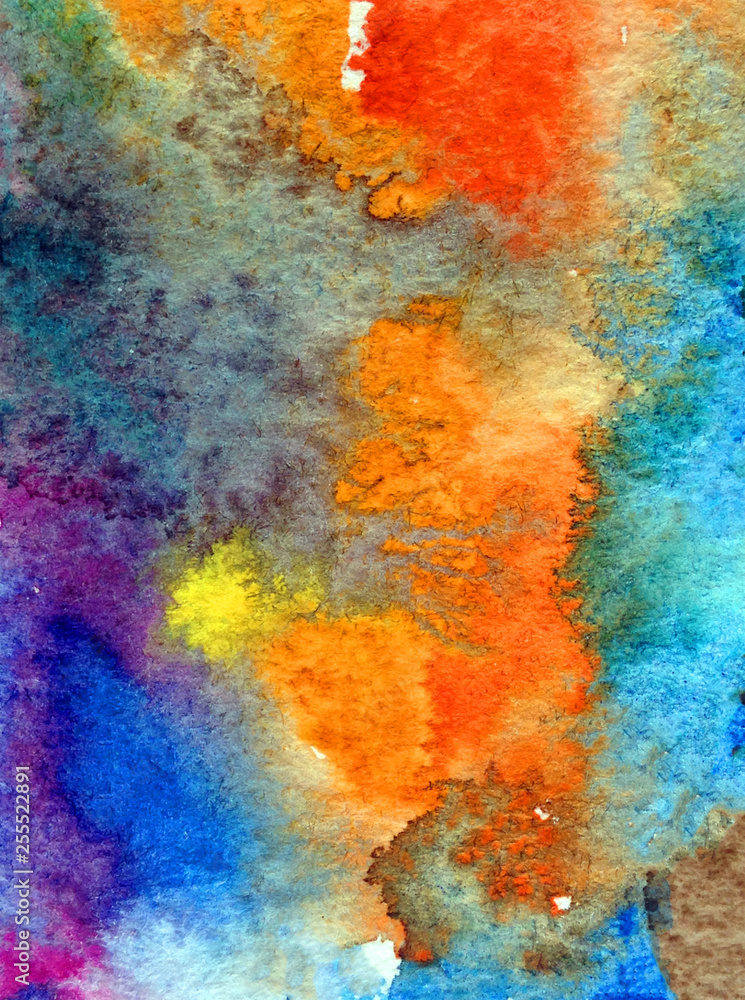 Watercolor abstract bright colorful textural background handmade . Painting of sky and clouds during sunset . Modern cosmic pattern . Shine