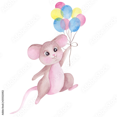 Watercolor illustration with cute mouse 