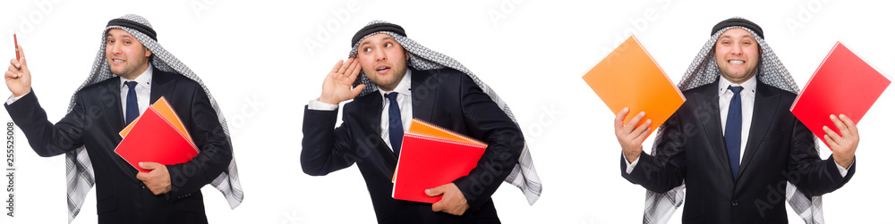 Arab businessman with notes isolated on white Arab businessman with notes isolated on white