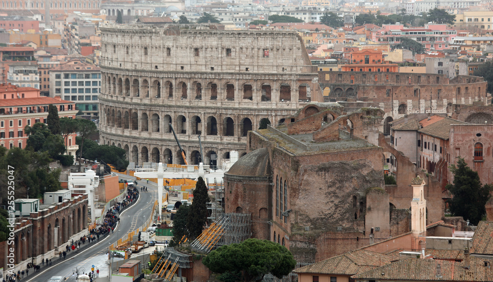 colosseum and via dei Imperial Fora seen from above in Rome Ital