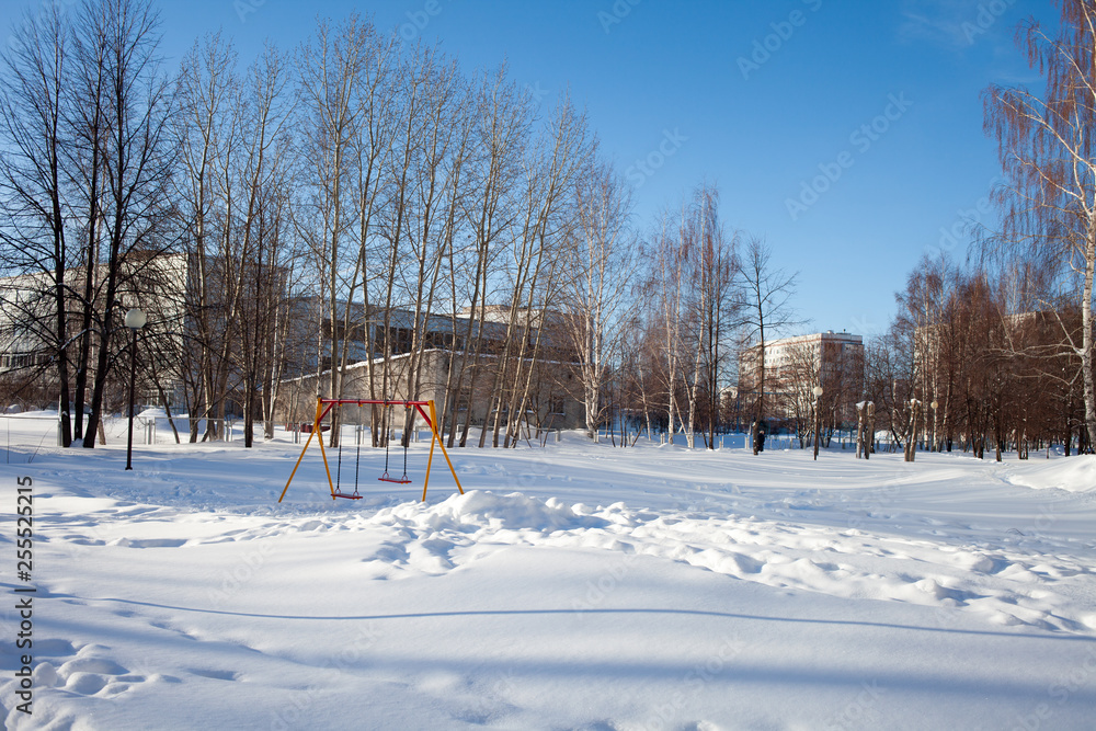 Snow-covered children's and sports grounds in Russia. Poor cleaning of snow. Inaction of public services. winter. Snow-covered children's and sports grounds in Russia. Poor cleaning of snow. Inaction of public services. winter.