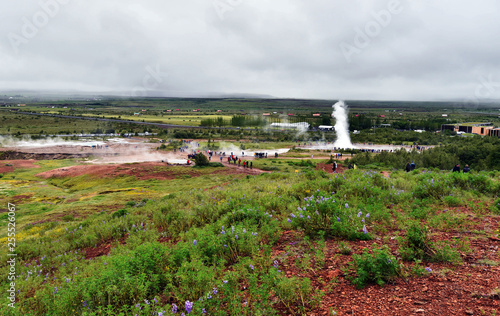 Geysir area as seen from Laudarfjall hill in Southwestern Iceland