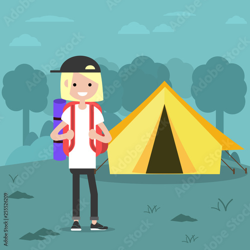 Young charcter in the forest near by tent.Backpacker Flat cartoon design.Clip art