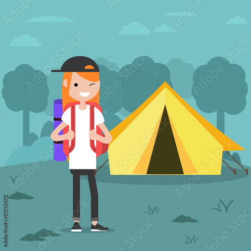 Young charcter in the forest near by tent.Backpacker Flat cartoon design.Clip art