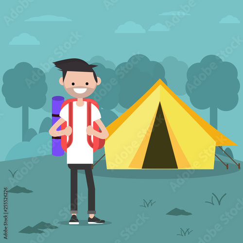 Young charcter in the forest near by tent.Backpacker Flat cartoon design.Clip art