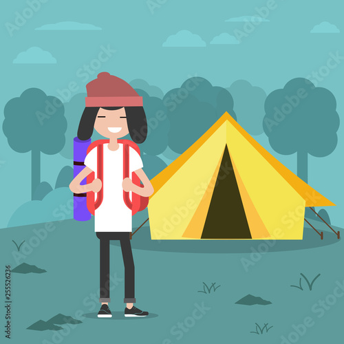 Young charcter in the forest near by tent.Backpacker Flat cartoon design.Clip art
