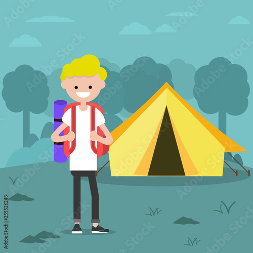 Young charcter in the forest near by tent.Backpacker Flat cartoon design.Clip art