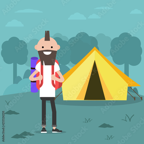 Young charcter in the forest near by tent.Backpacker Flat cartoon design.Clip art