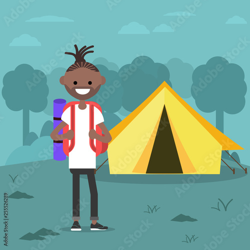 Young charcter in the forest near by tent.Backpacker Flat cartoon design.Clip art