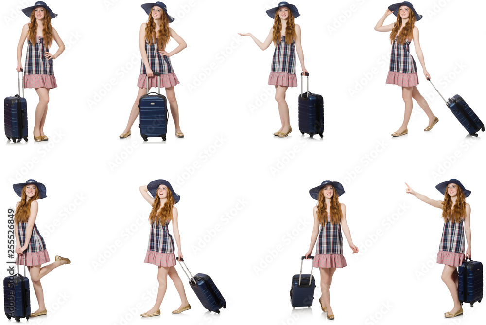 Young woman with suitcase isolated on white Young woman with suitcase isolated on white