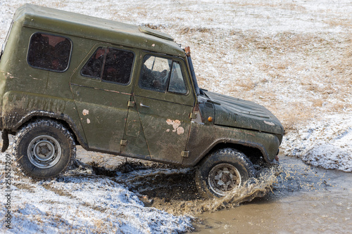 Russian SUV, Off-road vehicle slips, Stuck in the river 