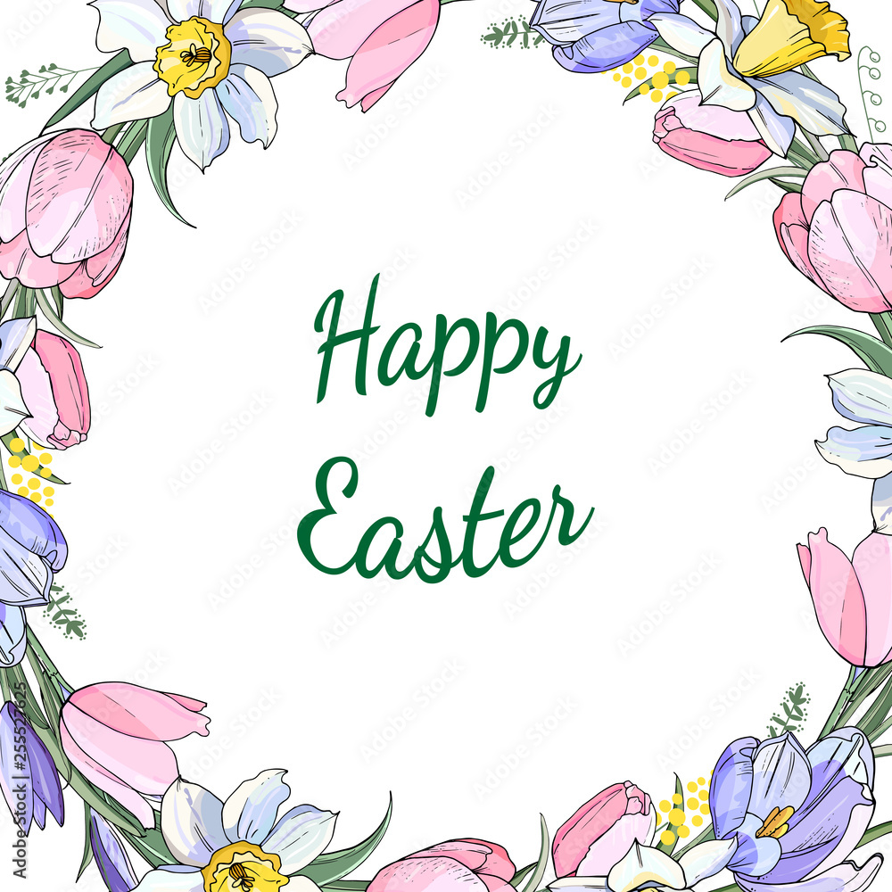 Stock vector floral spring easter greeting card. Beautiful flower frame from pink tulips, daffodils and crocuses. Isolated and hand drawn illustration. Floral design, easter backdrop. Festive print. Stock vector floral spring easter greeting card. Beautiful flower frame from pink tulips, daffodils and crocuses. Isolated and hand drawn illustration. Floral design, easter backdrop. Festive print.