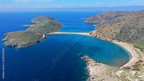 Aerial drone bird's eye view of tropical exotic mediterranean bay with turquoise sea