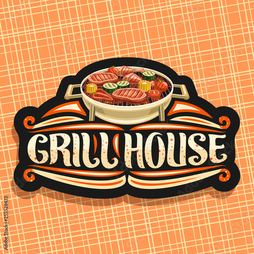 Vector logo for Grill House, black decorative sign board with fried chicken legs, sirloin steak, healthy zucchini, tomatoes and sweet corn on round grid, lettering for words grill house with sparks.