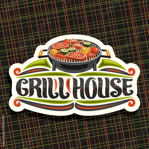 Vector logo for Grill House, white decorative sign board with fried chicken legs, sirloin steak, healthy zucchini, tomatoes and sweet corn on round grid, lettering for words grill house with sparks.