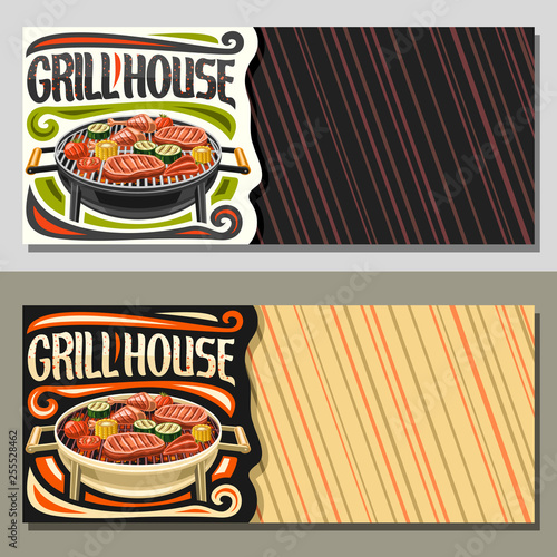 Vector banners for Grill House with copy space, fried chicken legs, sirloin mutton steak, healthy zucchini, fresh tomatoes and sweet corn on round grid, lettering for words grill house with sparks.