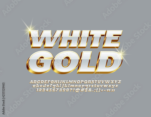 Vector White and Gold Alphabet Letters, Numbers and Symbols. Chic 3D Font 
