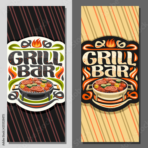 Vector banners for Grill Bar, leaflet template with fried chicken legs, sirloin mutton steak, healthy zucchini, fresh tomatoes and sweet corn on round grid, lettering for words grill bar with sparks.