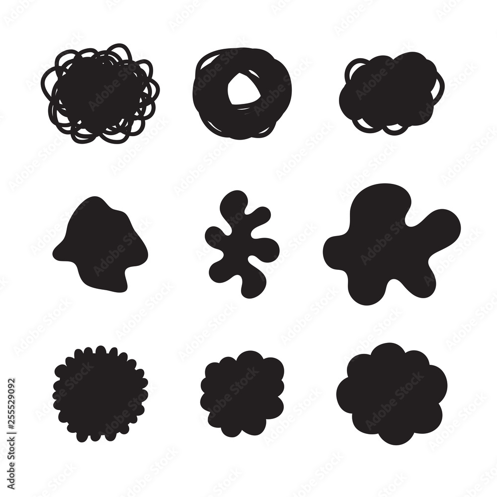 Spots and shapes for design, liquid elements, mixed color plastic shapes, blob brush doodles or various organic bubbles for modern design. Spots and shapes for design, liquid elements, mixed color plastic shapes, blob brush doodles or various organic bubbles for modern design.